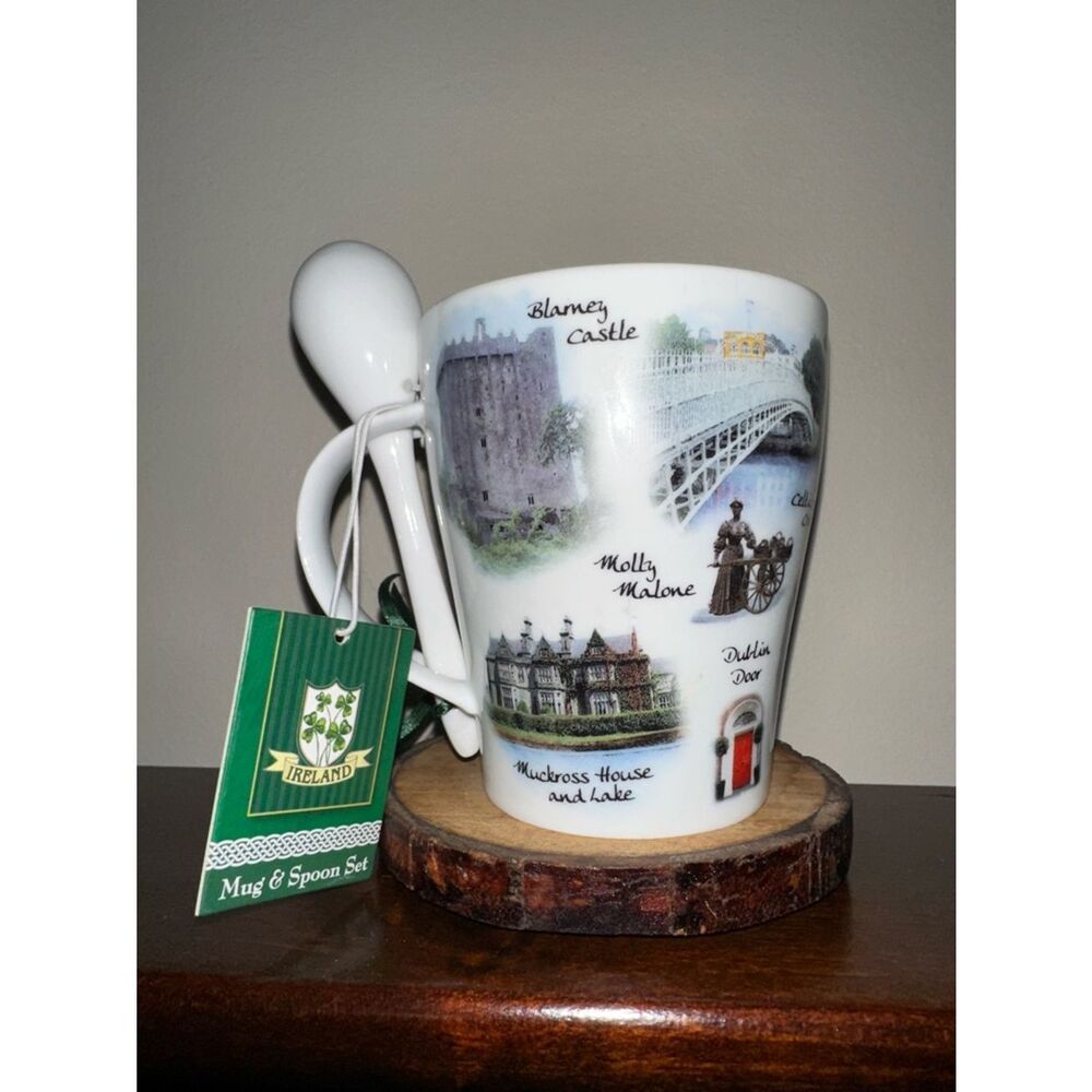 Shamrock IRELAND White Multi Mug & Spoon Set Souvenir Places to Visit Graphics - Picture 2 of 5